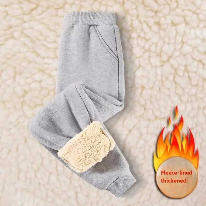 Kids Autumn/Winter Warm Solid Color Sports Long Pants Fleece-Lined Casual Trousers Mid to Large Child Fleece Pants