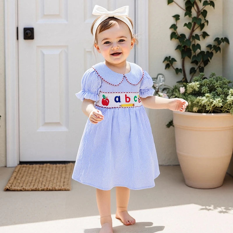 Girls Summer Dress with Cute Strawberry Embroidery and Peter Pan Collar Short Sleeve Casual Dress for Toddler Kids