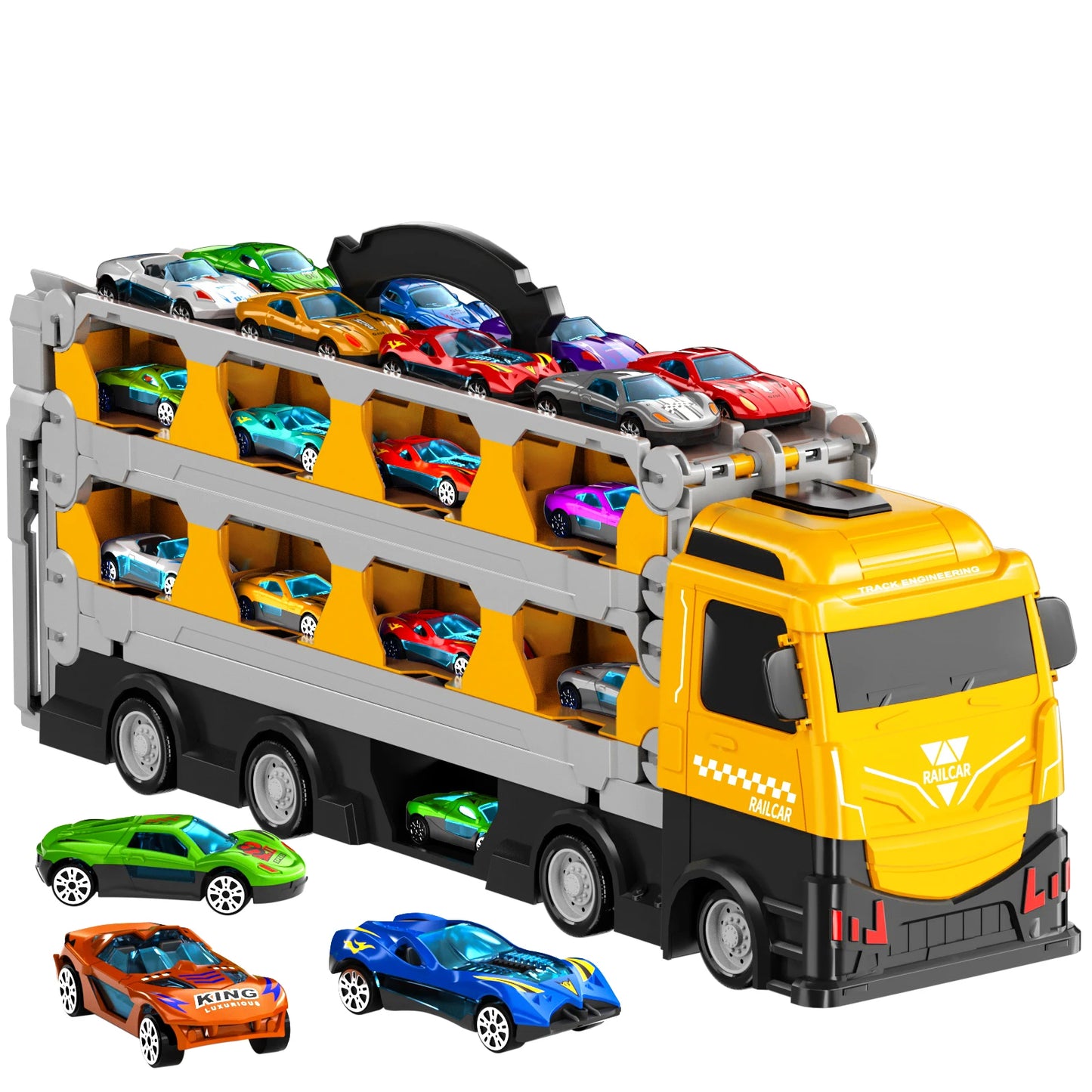 Kids Toy Trucks Ejection Race Track, Catapulting Racing Track with 12 Cars, Kid’s Cool Folding Truck Toy, Cars Storage Toy Sets
