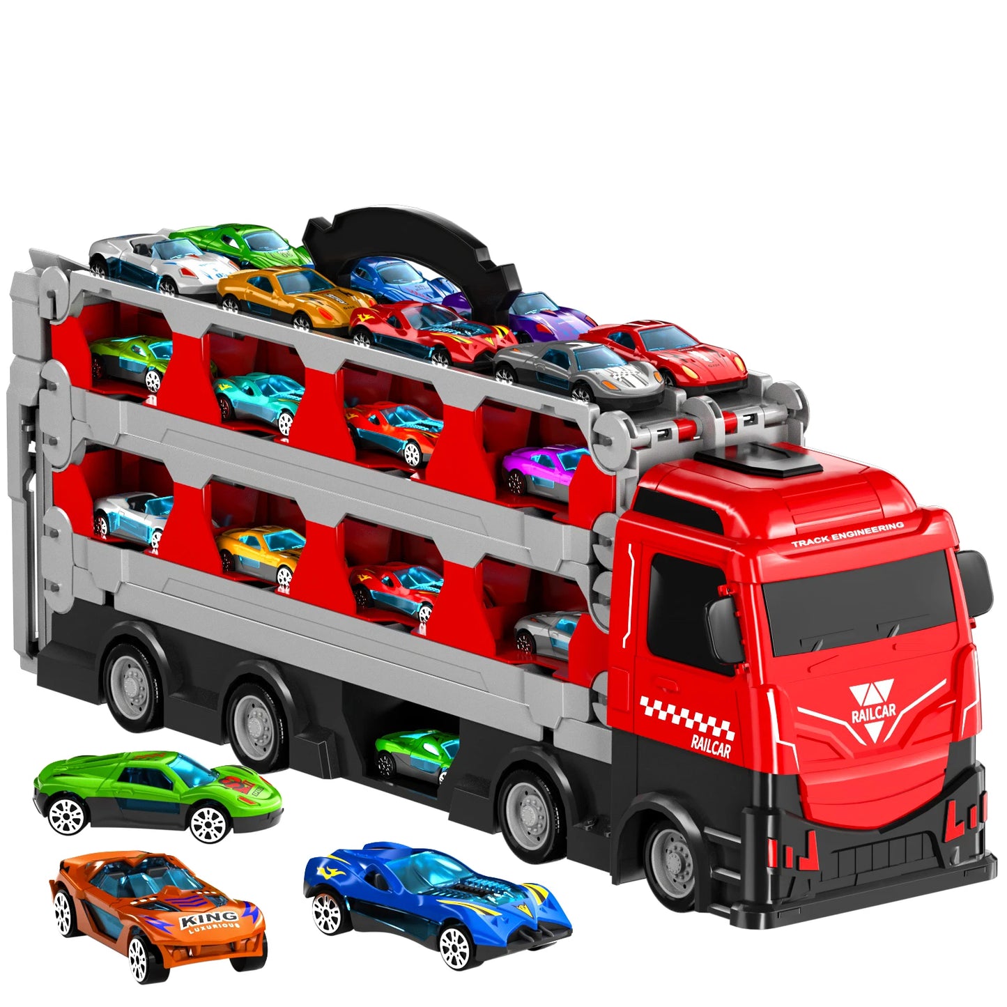 Kids Toy Trucks Ejection Race Track, Catapulting Racing Track with 12 Cars, Kid’s Cool Folding Truck Toy, Cars Storage Toy Sets
