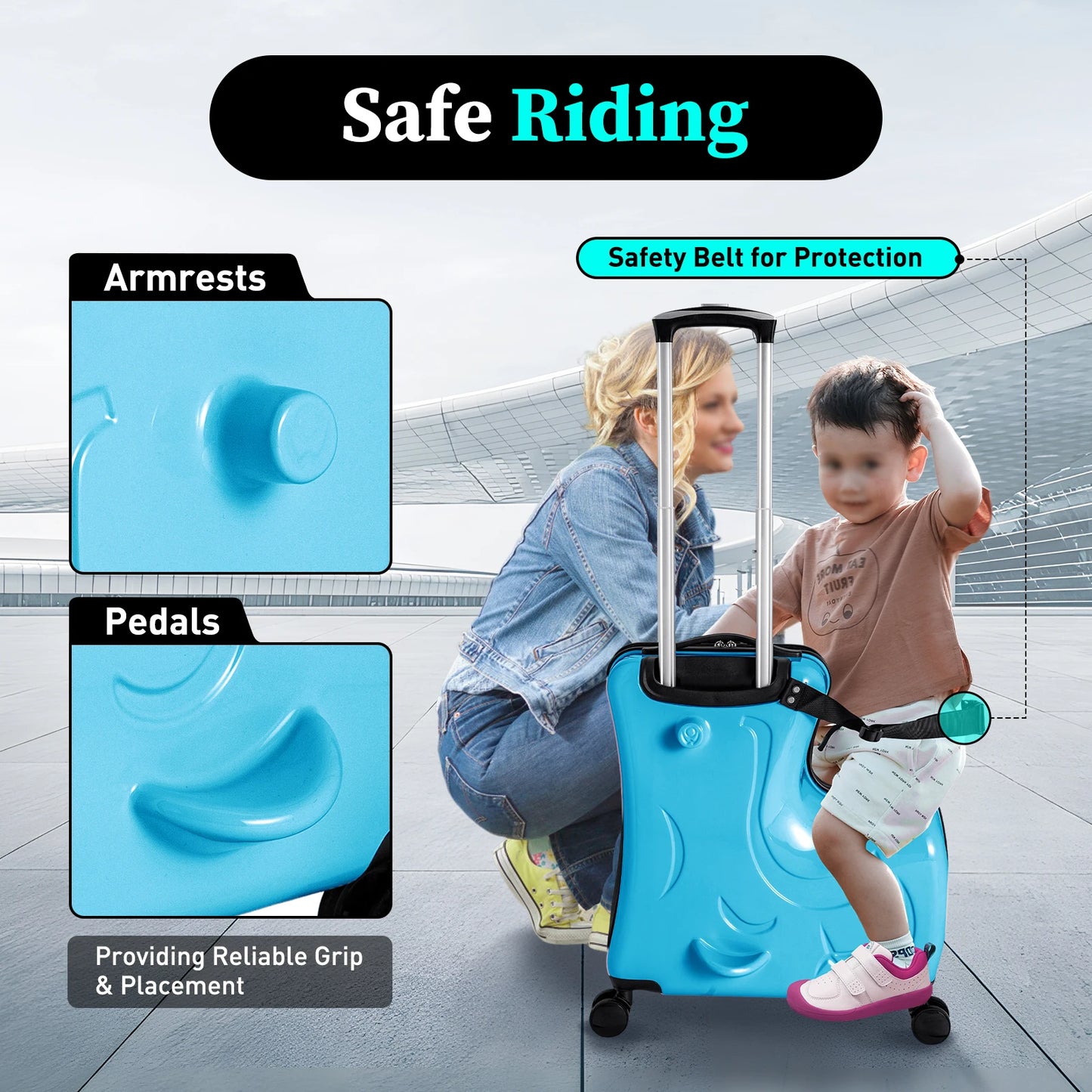 20" Kids Riding Suitcase Portable Travel Trolley Case with 360° Universal Wheel Pedal Handrail for 3-6 Years Old Load 66lbs Blue