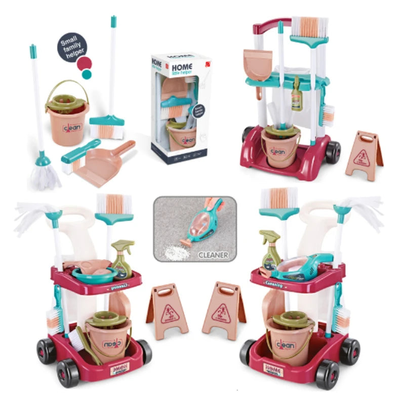 Kid Cleaning Toy Set Detachable Housekeeping Cart with Cleaning Tools Pretend Play Toys Gifts for Child Develop Hand-on Ability