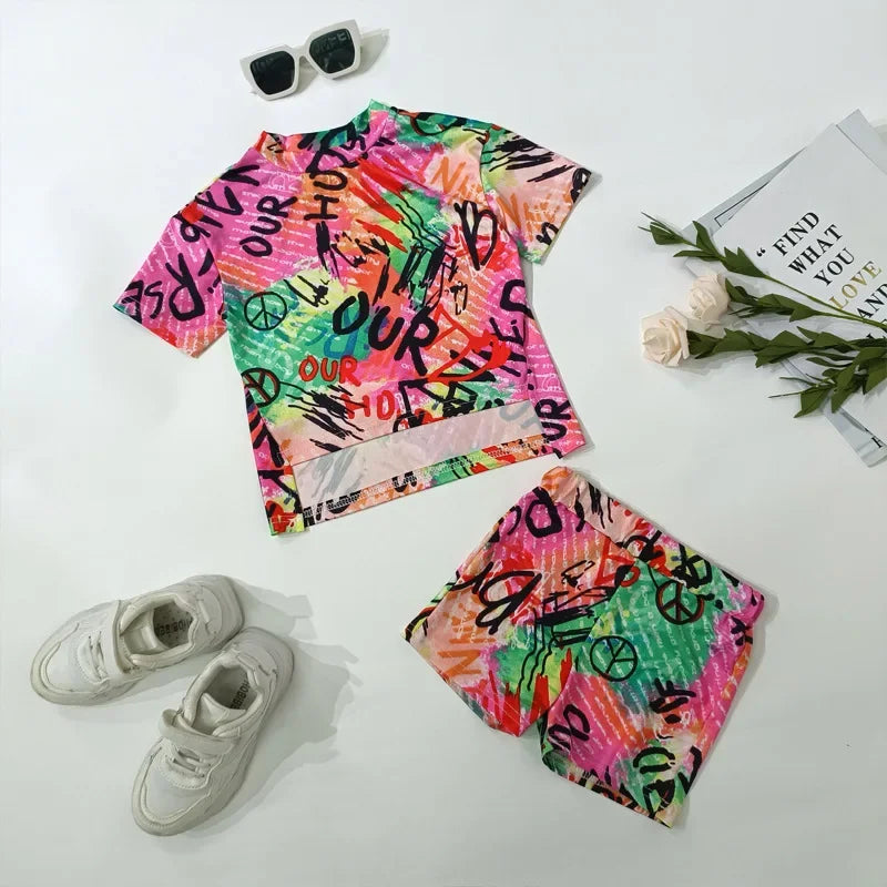 1-8Years Kids Casual Clothes Children's Girls 2pcs Outfits Baby Girl Summer Clothing Sets Short Sleeve Tops+Rainbow Color Shorts