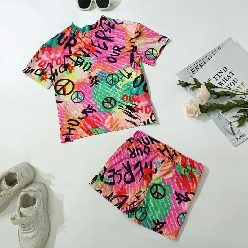 1-8Years Kids Casual Clothes Children's Girls 2pcs Outfits Baby Girl Summer Clothing Sets Short Sleeve Tops+Rainbow Color Shorts