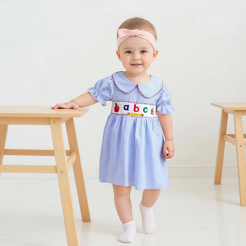 Girls Summer Dress with Cute Strawberry Embroidery and Peter Pan Collar Short Sleeve Casual Dress for Toddler Kids