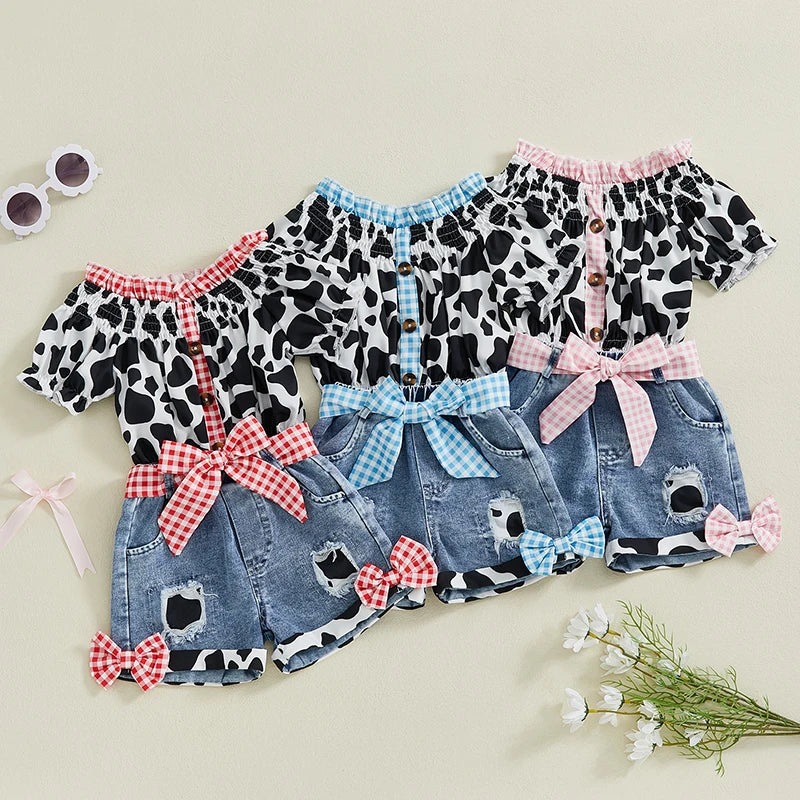 Girls Outfit Leopard Print Top and Denim Shorts with Frayed Hem and Belt Set