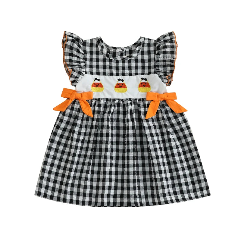 Toddler Baby Girl Halloween Dress Gingham Pumpkin Embroidered Flying Sleeve A-line Dress with Bows Cute Fall Clothes