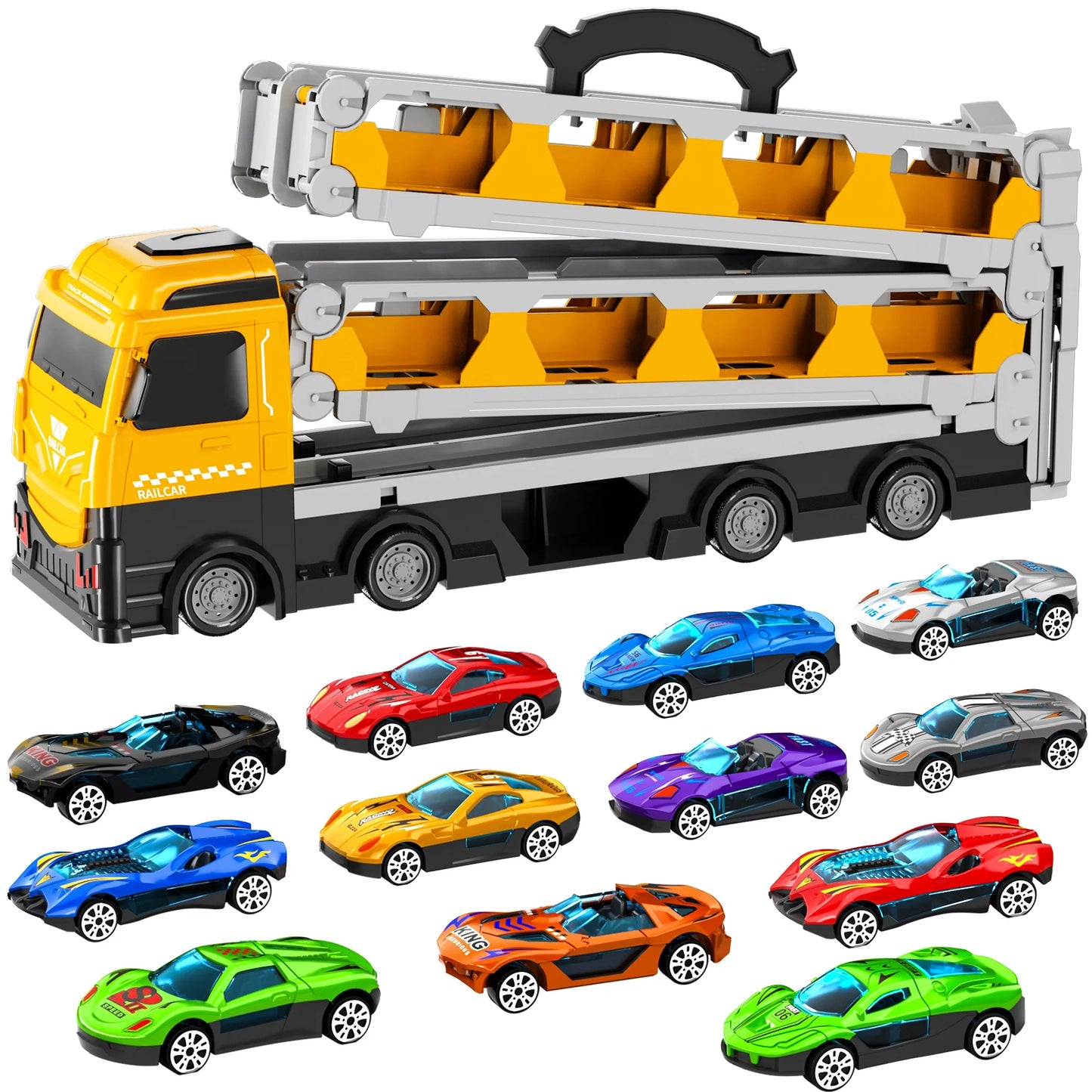 Kids Toy Trucks Ejection Race Track, Catapulting Racing Track with 12 Cars, Kid’s Cool Folding Truck Toy, Cars Storage Toy Sets