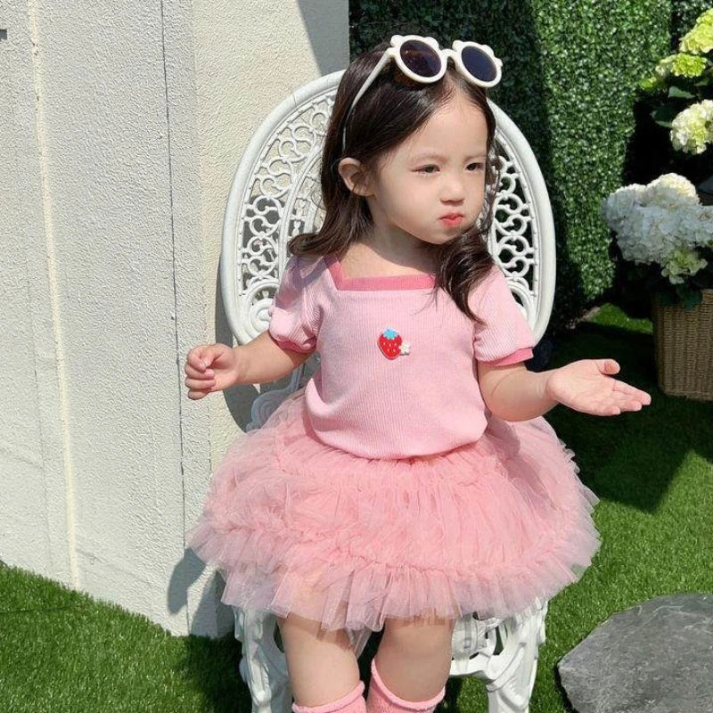 1-7Y Children's Short Sleeved T-shirt New Girls Square Neck Shirts Cute Stylish Baby Breathable