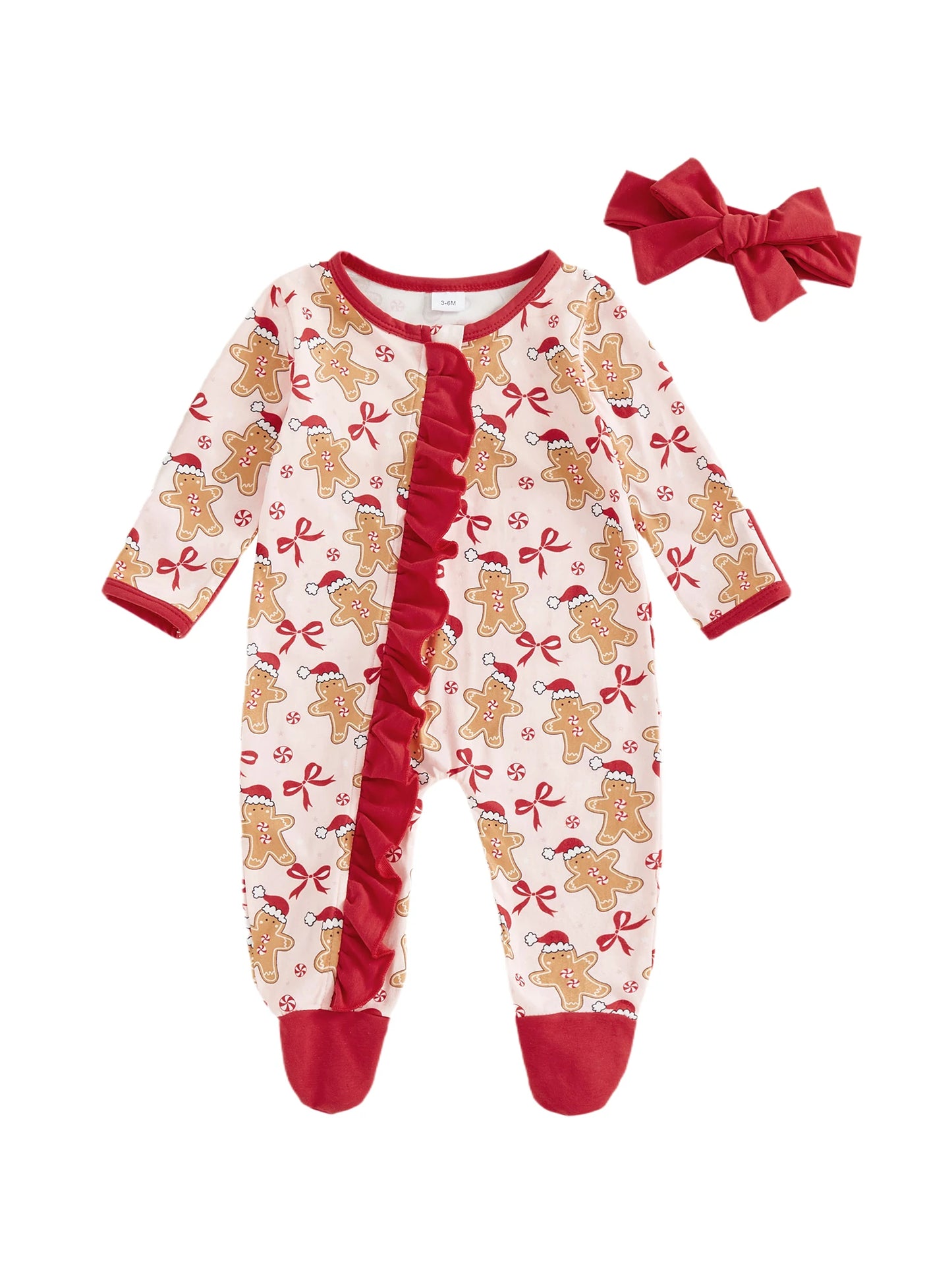 Baby Girl Christmas Outfit Gingerbread Bow Ruffle Long Sleeve Footed Romper and Headband 2 Piece Set