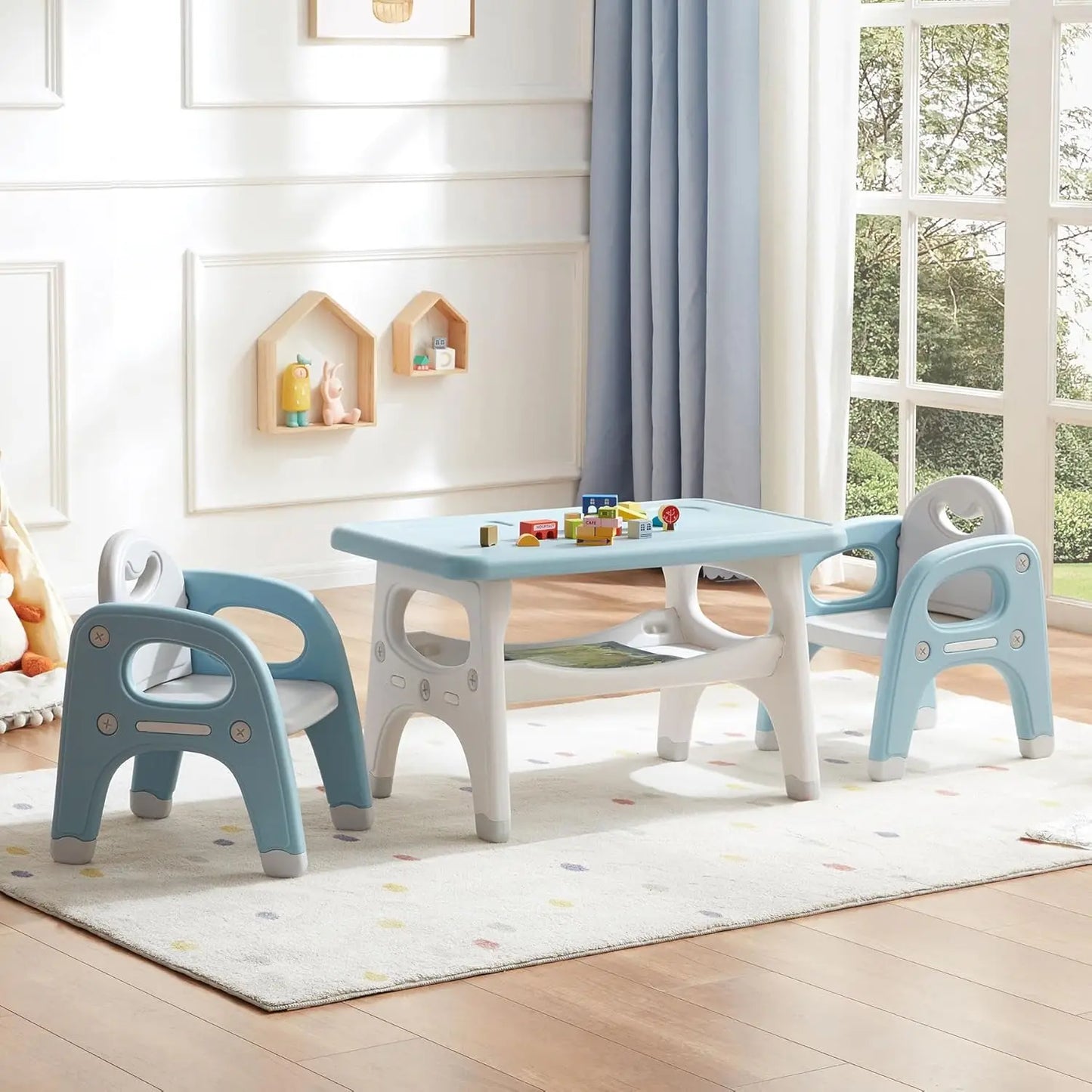 Kids Table and Chair Set, Plastic Children Activity Table with 2 Chairs, Toddler Table and Chair Set for Reading, Drawing