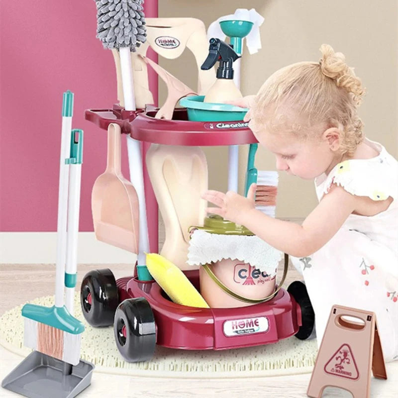 Kid Cleaning Toy Set Detachable Housekeeping Cart with Cleaning Tools Pretend Play Toys Gifts for Child Develop Hand-on Ability