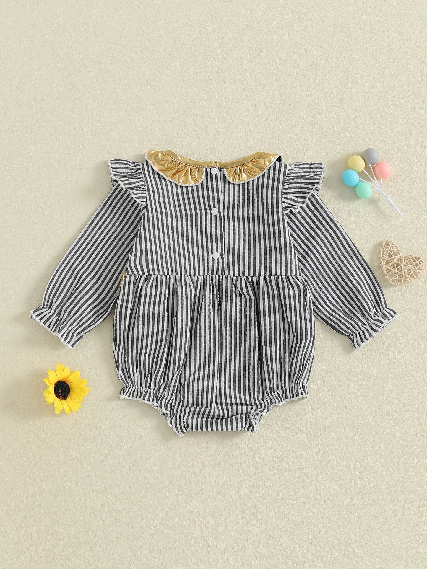 Infant Girls New Year Romper with Stripe Print Embroidered Letters Long Sleeves and Ruffled Round Neckline Jumpsuit