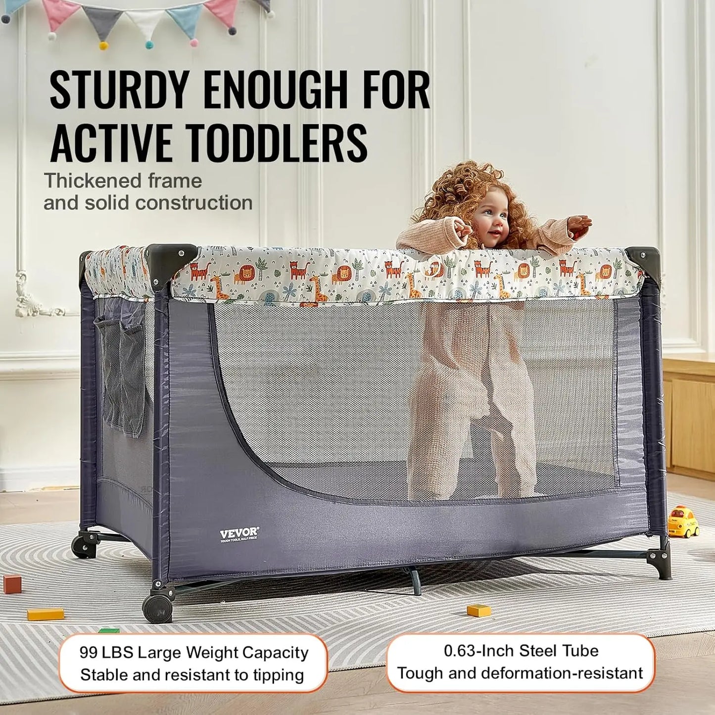 Baby Travel Crib and Play Yard, Folding Baby Playpen with Soft Mattress Pad, Portable Toddlers Crib with Breathable Mesh and Tra