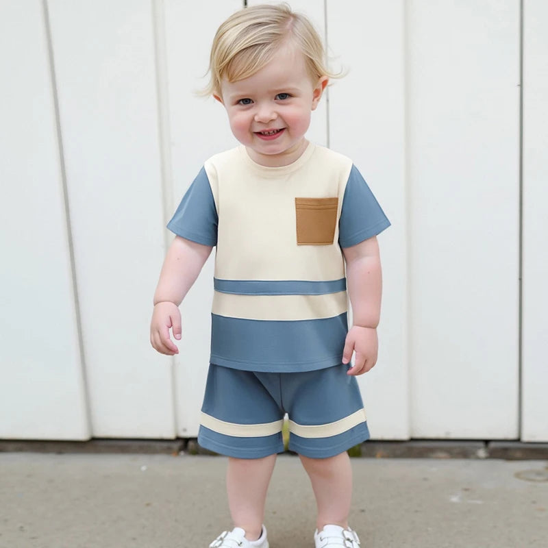 Baby Boys Casual Summer Outfits Striped Short Sleeve T-Shirts and Drawstring Waist Shorts 2-Piece Clothing Set