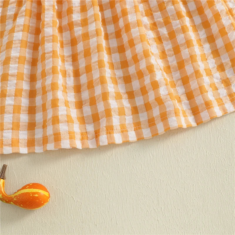 Toddler Baby Girl Halloween Dress Gingham Pumpkin Embroidered Flying Sleeve A-line Dress with Bows Cute Fall Clothes