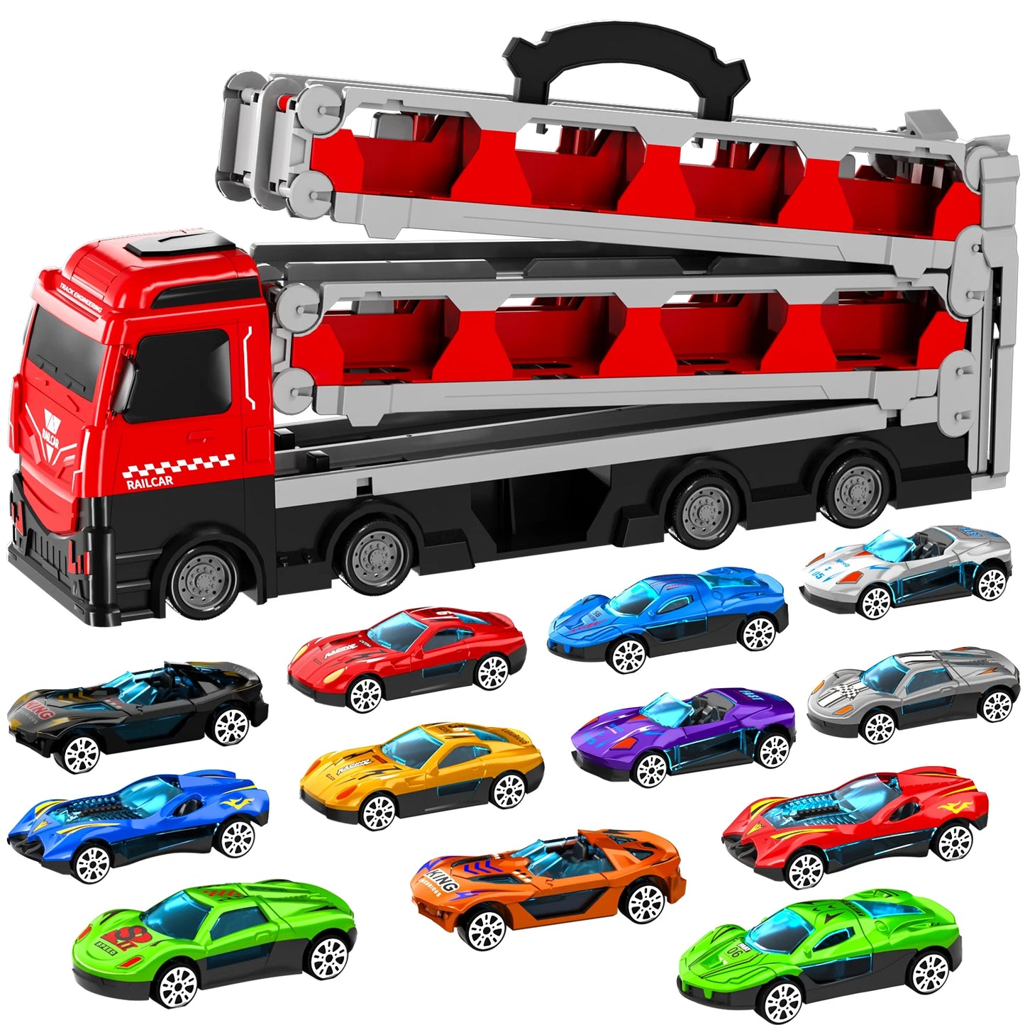 Kids Toy Trucks Ejection Race Track, Catapulting Racing Track with 12 Cars, Kid’s Cool Folding Truck Toy, Cars Storage Toy Sets