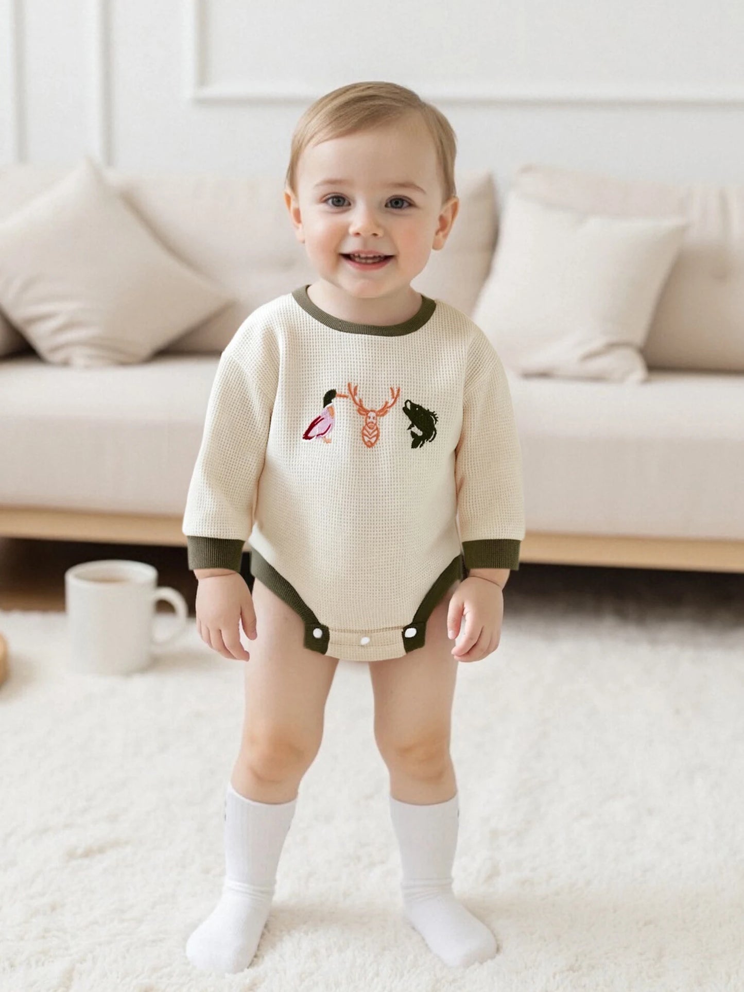 Infant Unisex Hooded Romper with Bear Print and Zipper Closure Cozy Winter Outfit for Baby Boy Girl Warm Clothes