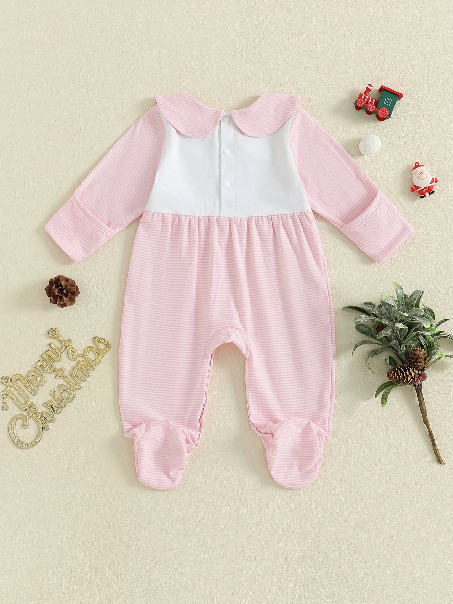 Infant Girls Autumn Romper with Striped Print and Embroidered Letters Long Sleeves Peter Pan Collar and Full-Length Design