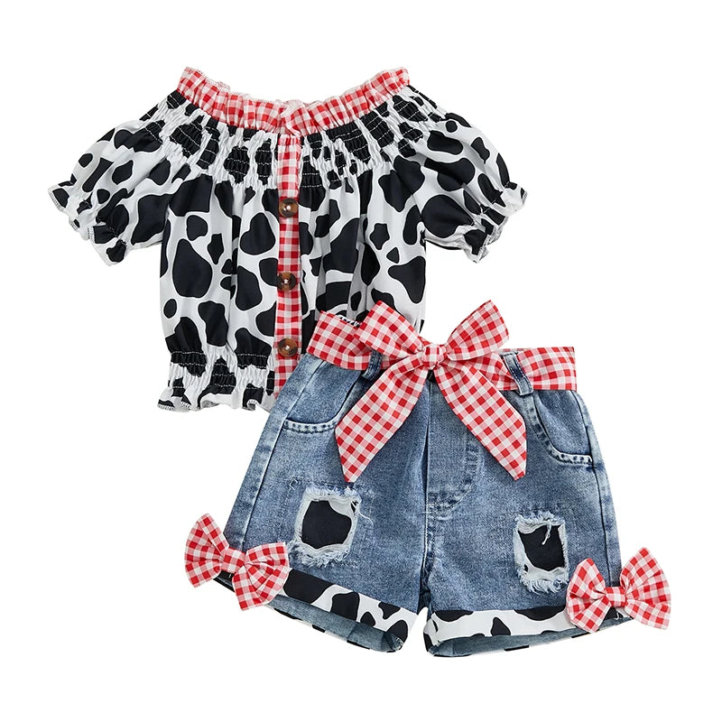 Girls Outfit Leopard Print Top and Denim Shorts with Frayed Hem and Belt Set