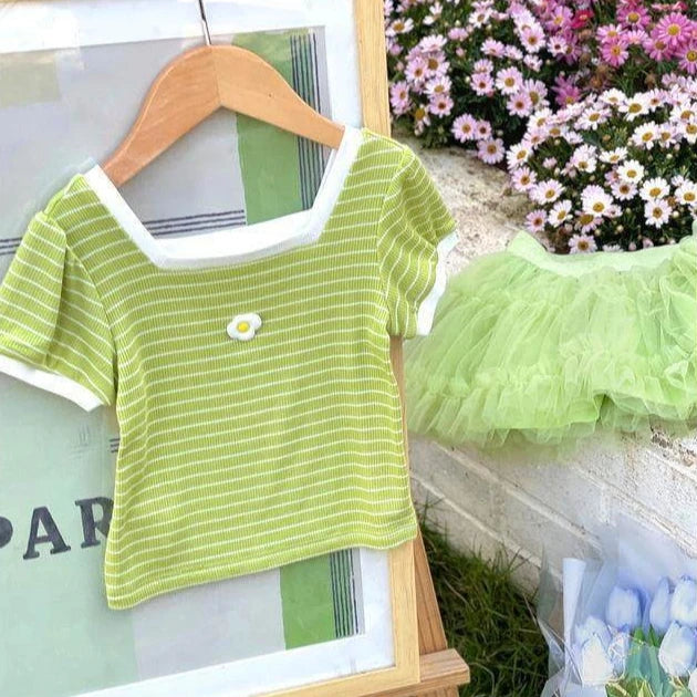 1-7Y Children's Short Sleeved T-shirt New Girls Square Neck Shirts Cute Stylish Baby Breathable