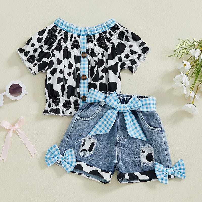 Girls Outfit Leopard Print Top and Denim Shorts with Frayed Hem and Belt Set