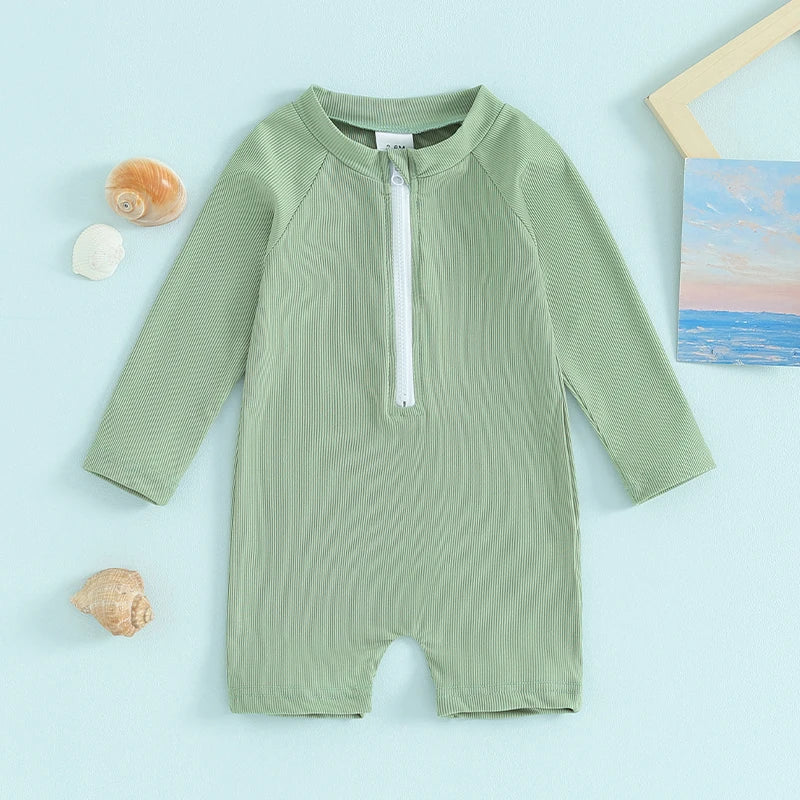 Infant Unisex  Swimwear Stylish Round Neck Long Sleeve Zipper Front Solid Color Swimsuit for Baby Boy Girl