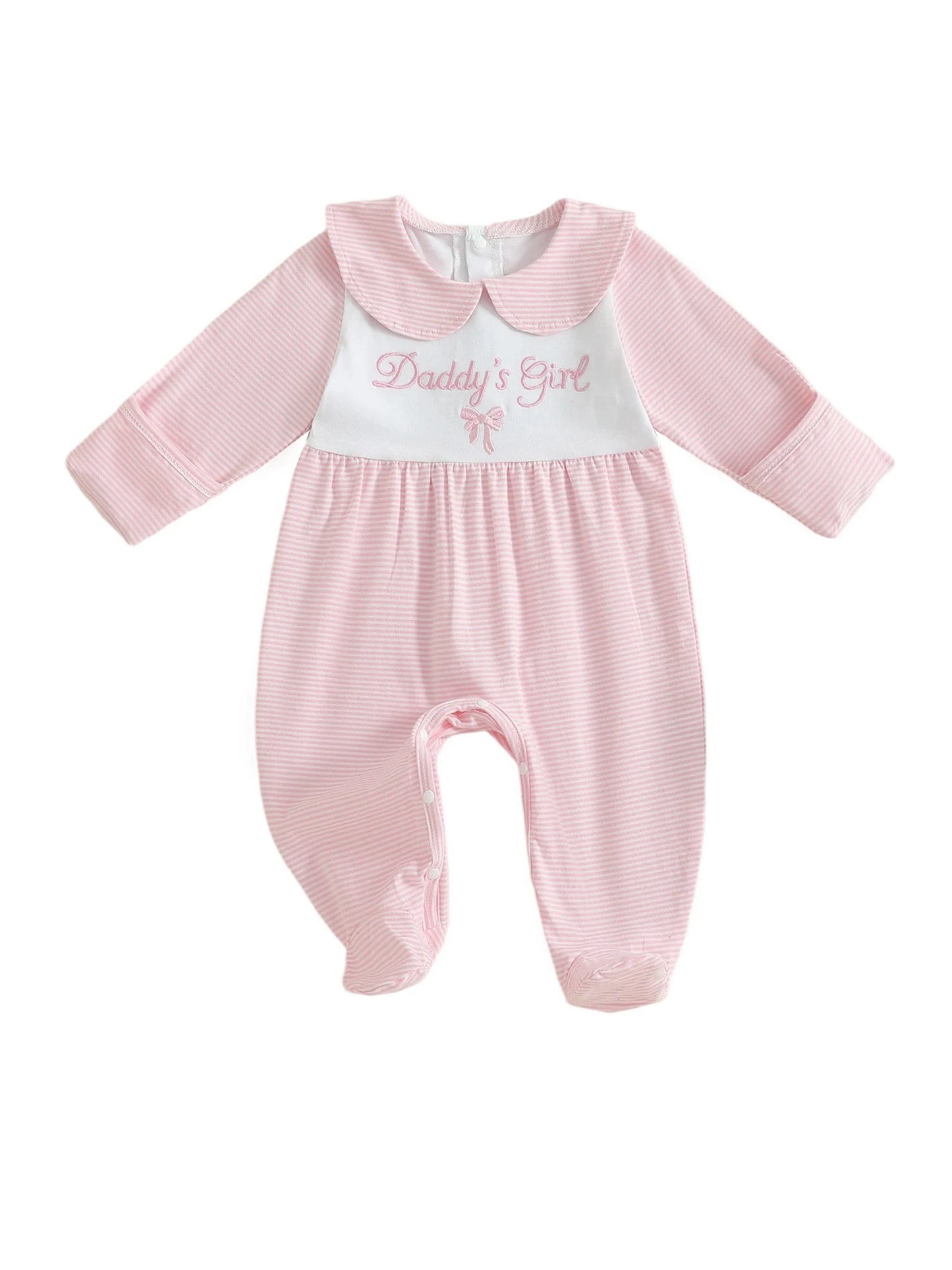 Infant Girls Autumn Romper with Striped Print and Embroidered Letters Long Sleeves Peter Pan Collar and Full-Length Design