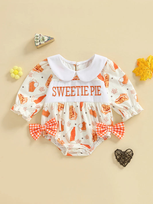 Thanksgiving Turkey Print Ruffle Sleeve Romper with Bow Detail and Peter Pan Collar for Baby Girls Fall Outfit
