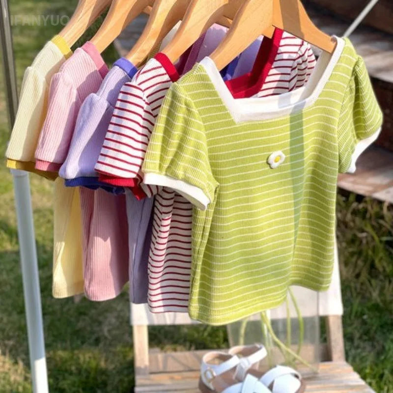 1-7Y Children's Short Sleeved T-shirt New Girls Square Neck Shirts Cute Stylish Baby Breathable