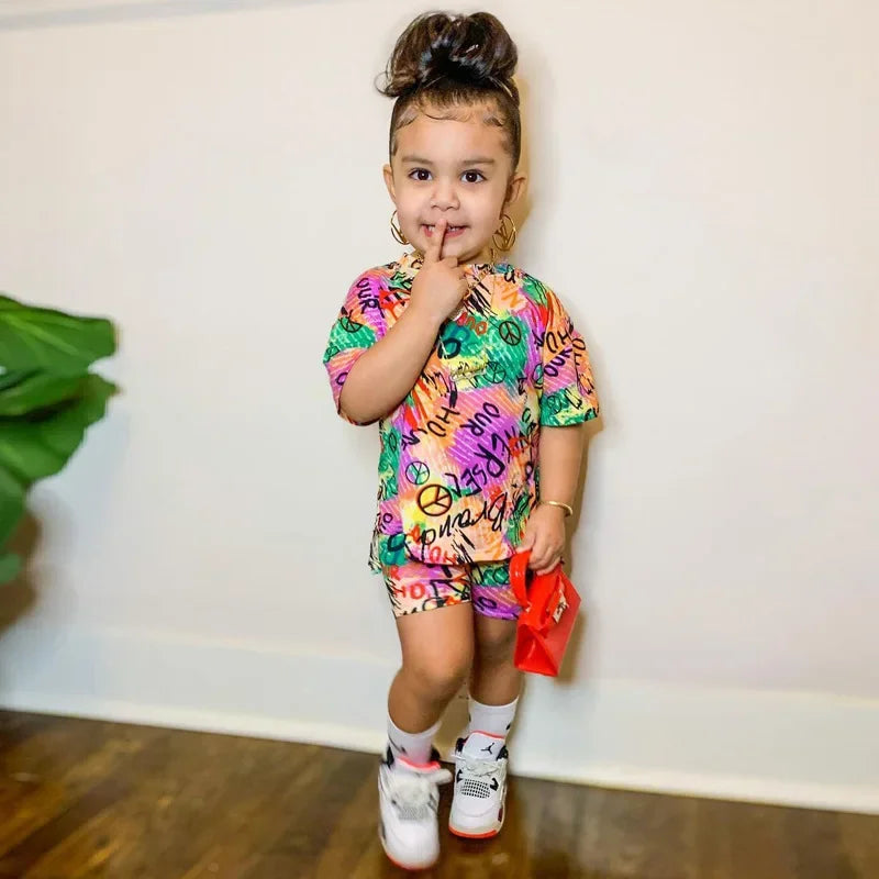 1-8Years Kids Casual Clothes Children's Girls 2pcs Outfits Baby Girl Summer Clothing Sets Short Sleeve Tops+Rainbow Color Shorts