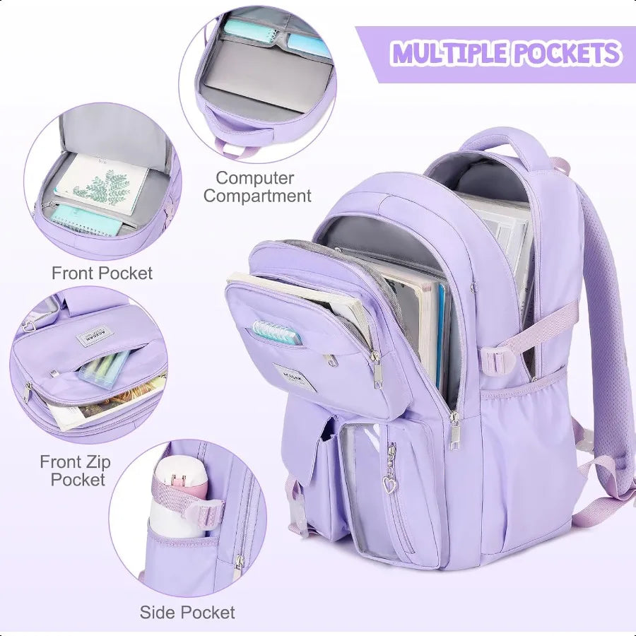 Girls Backpack Bento Box with Insulated Lunch Bag Pencil Case Utensils Set for 6 Leakproof Compartments Removable Tray Lunches