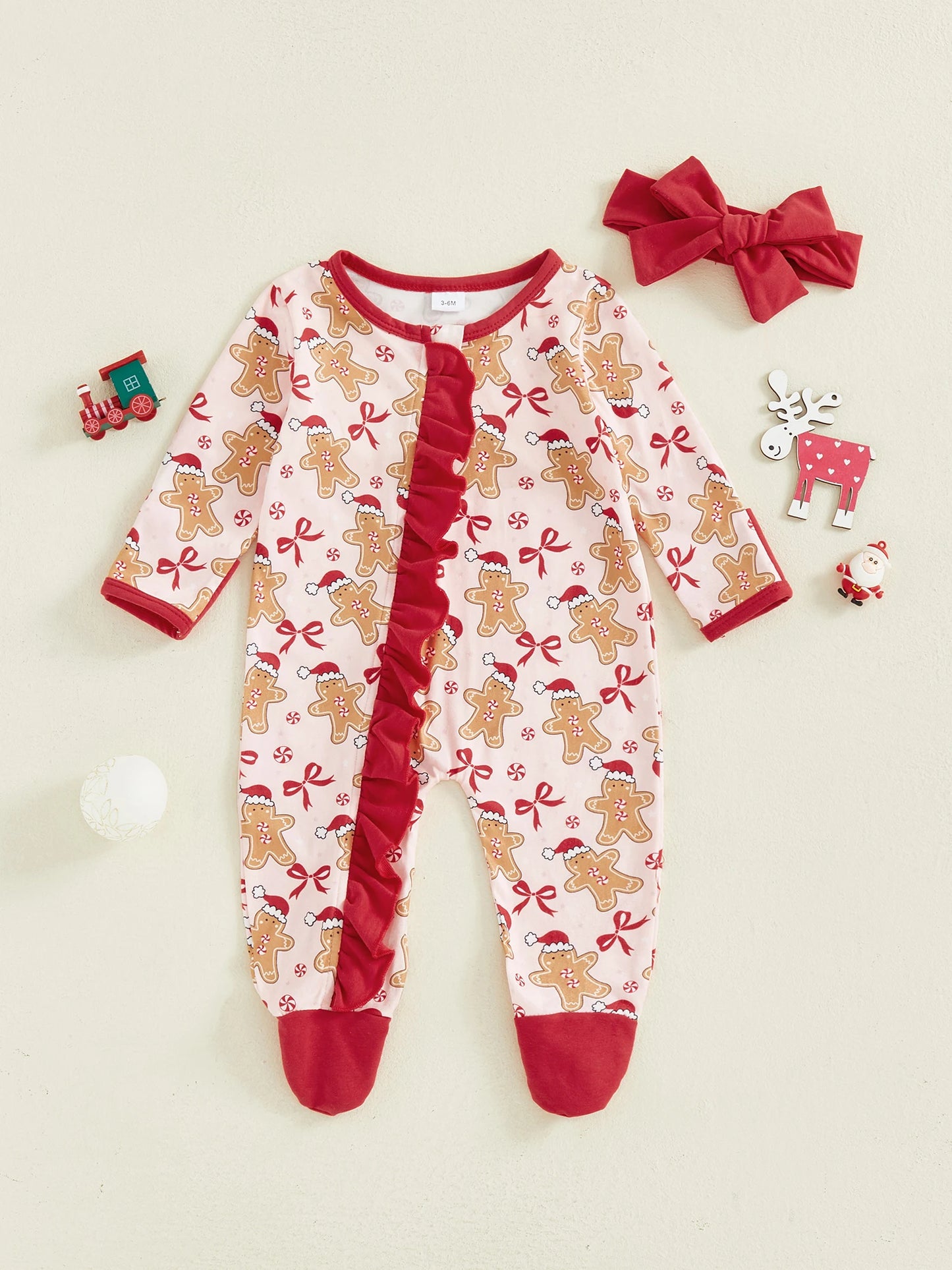 Baby Girl Christmas Outfit Gingerbread Bow Ruffle Long Sleeve Footed Romper and Headband 2 Piece Set