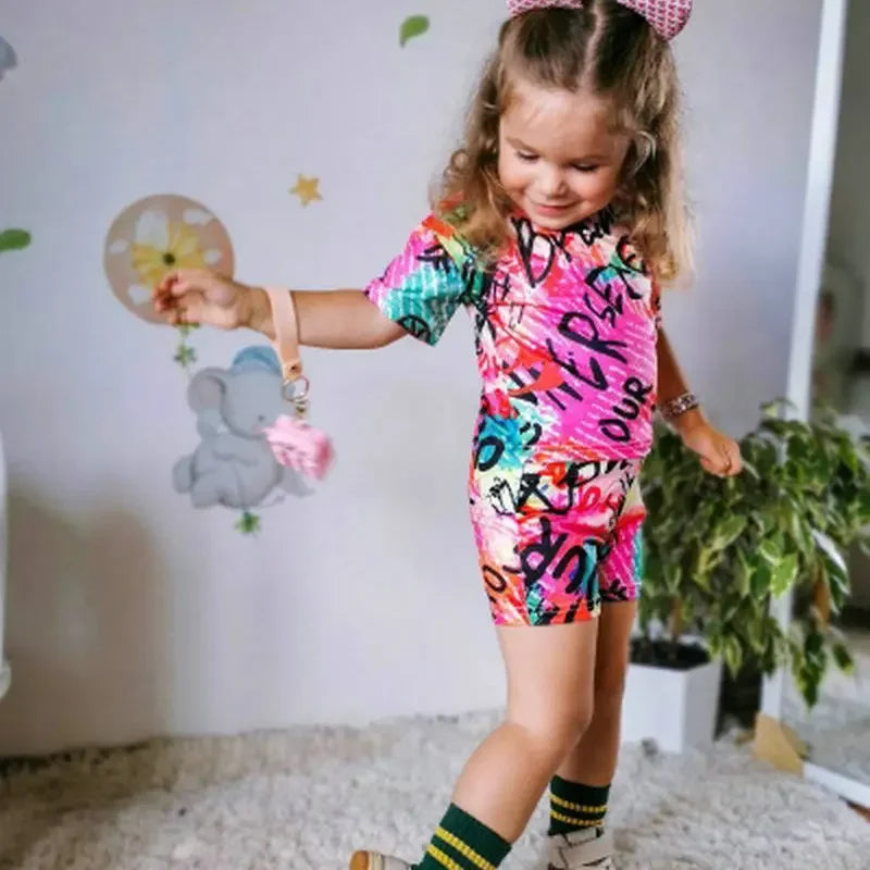 1-8Years Kids Casual Clothes Children's Girls 2pcs Outfits Baby Girl Summer Clothing Sets Short Sleeve Tops+Rainbow Color Shorts