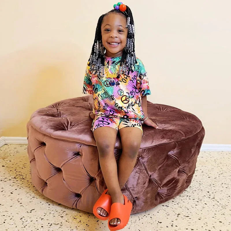 1-8Years Kids Casual Clothes Children's Girls 2pcs Outfits Baby Girl Summer Clothing Sets Short Sleeve Tops+Rainbow Color Shorts