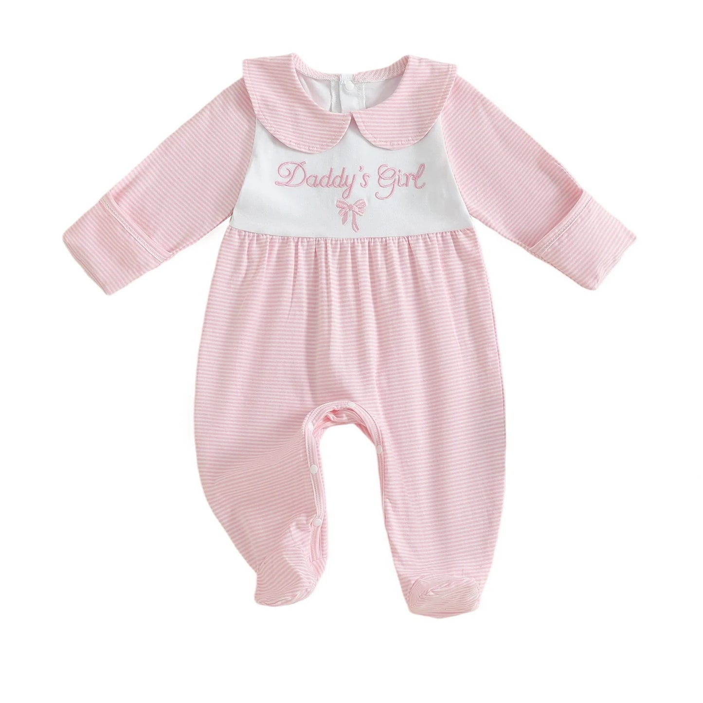 Infant Girls Autumn Romper with Striped Print and Embroidered Letters Long Sleeves Peter Pan Collar and Full-Length Design