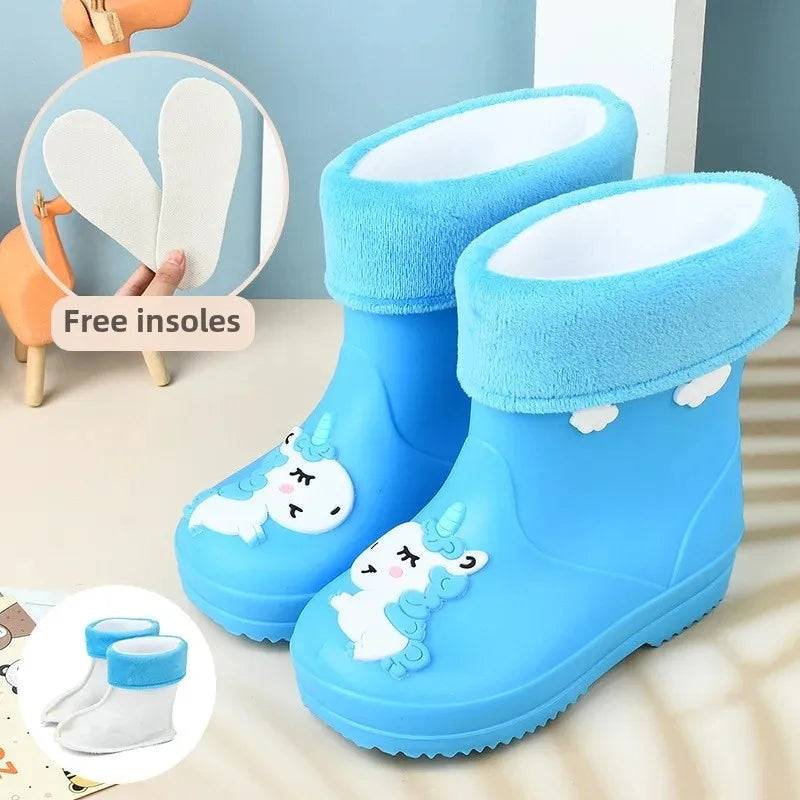 Children's Fleece-Lined Non-Slip Rain Boots For Boys And Girls Cartoon Cute Princess Style Anti-Slip Four Seasons Kids Shoes