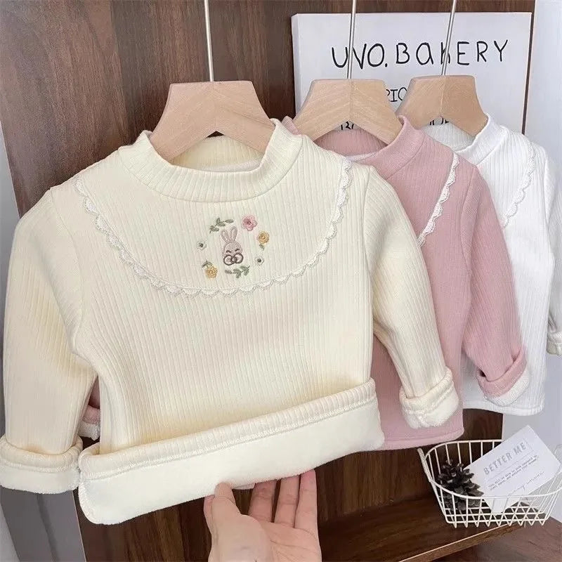 1pcs Children's T-Shirts Cartoon Embroidery Velvet warm top Kids Half High Collar Long Sleeve Base Shirt Girls Tshirts Clothes