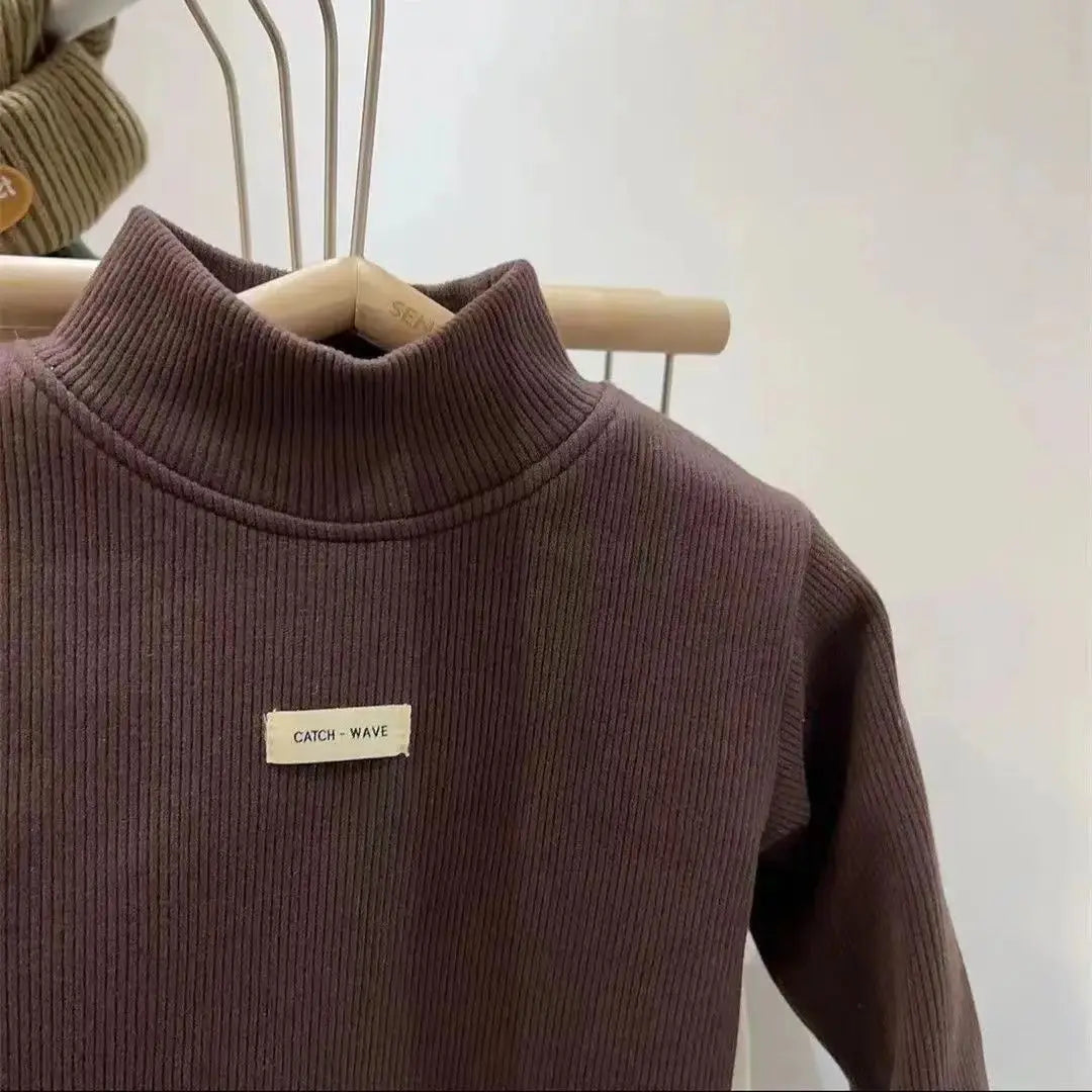 1pcs Autumn Winter Children T-Shirt Solid Velvet Warm Top Baby Kids Half High Collar Long Sleeve Base Shirt Girls Boys Tshirt