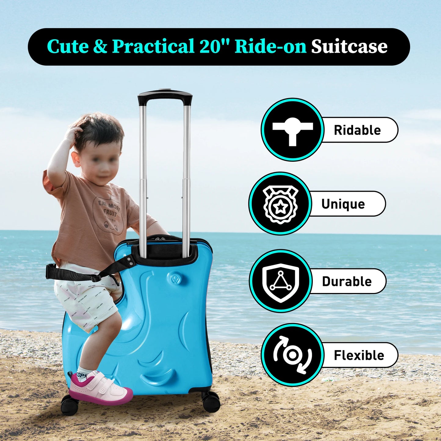20" Kids Riding Suitcase Portable Travel Trolley Case with 360° Universal Wheel Pedal Handrail for 3-6 Years Old Load 66lbs Blue