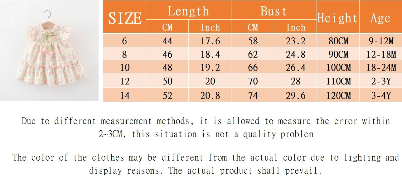 Girl Dress Tulip Cartoon Rabbit Print Small Flying Sleeves Flower Neck Bow Ribbon Tulip Flower Pattern
