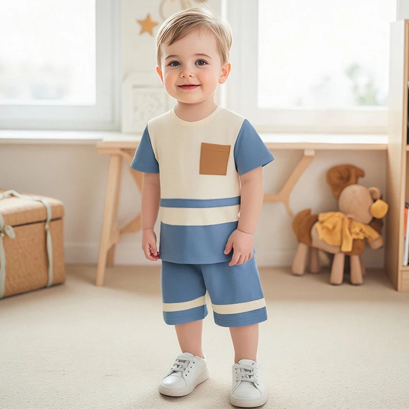 Baby Boys Casual Summer Outfits Striped Short Sleeve T-Shirts and Drawstring Waist Shorts 2-Piece Clothing Set