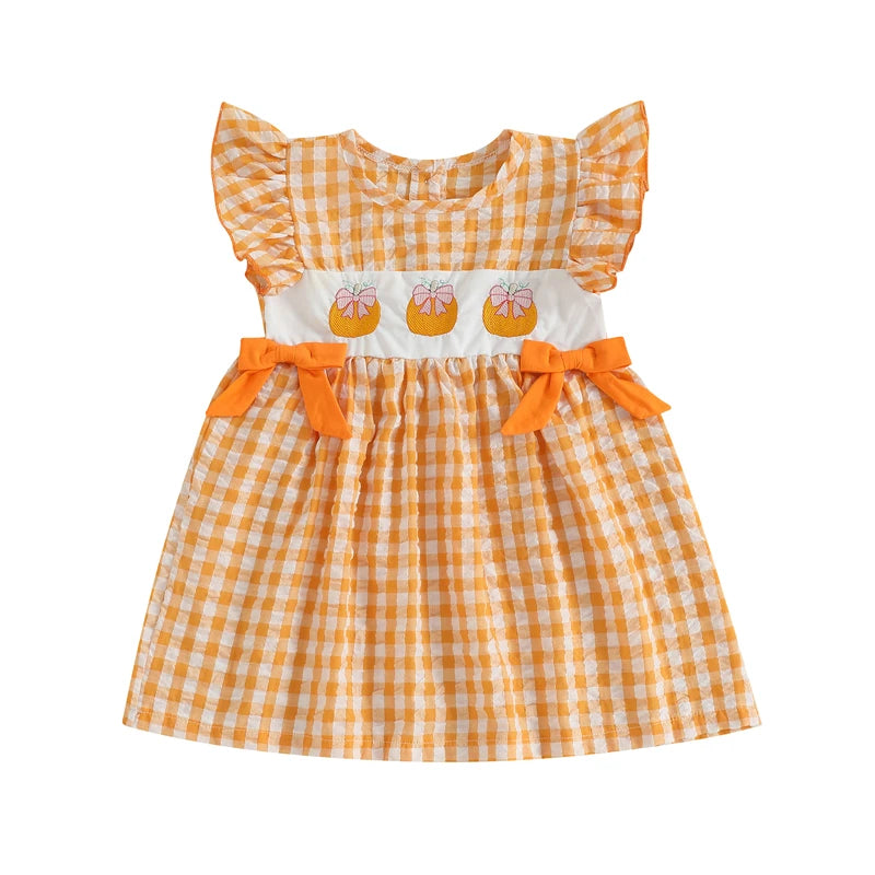 Toddler Baby Girl Halloween Dress Gingham Pumpkin Embroidered Flying Sleeve A-line Dress with Bows Cute Fall Clothes