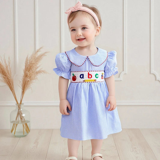 Girls Summer Dress with Cute Strawberry Embroidery and Peter Pan Collar Short Sleeve Casual Dress for Toddler Kids