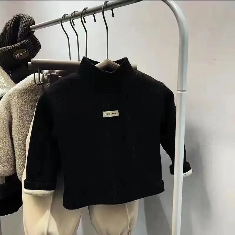 1pcs Autumn Winter Children T-Shirt Solid Velvet Warm Top Baby Kids Half High Collar Long Sleeve Base Shirt Girls Boys Tshirt