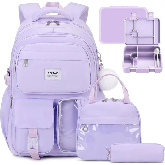 Girls Backpack Bento Box with Insulated Lunch Bag Pencil Case Utensils Set for 6 Leakproof Compartments Removable Tray Lunches