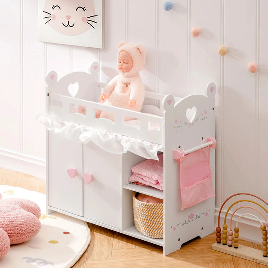 Baby Doll Crib Rabbit Wooden Doll Bed Toy with Storage Bedding Doll Crib Fits Dolls within 21" Doll Furniture for Girls 3+