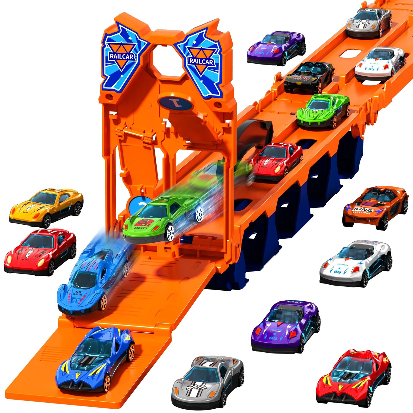 Kids Toy Trucks Ejection Race Track, Catapulting Racing Track with 12 Cars, Kid’s Cool Folding Truck Toy, Cars Storage Toy Sets