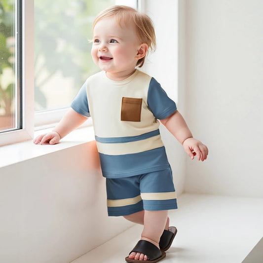 Baby Boys Casual Summer Outfits Striped Short Sleeve T-Shirts and Drawstring Waist Shorts 2-Piece Clothing Set