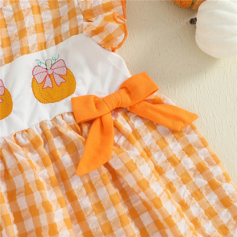 Toddler Baby Girl Halloween Dress Gingham Pumpkin Embroidered Flying Sleeve A-line Dress with Bows Cute Fall Clothes